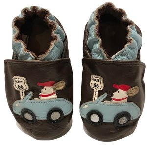 Robeez Baby Leather 0-6 Months Car Dog Shoes Slippers Brown Blue Infant Boys